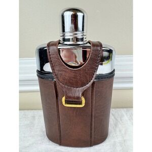 Vintage Glass Hip Flask Brown Faux Leather Carrier‎ Chrome Shot Cup Cap Fluted